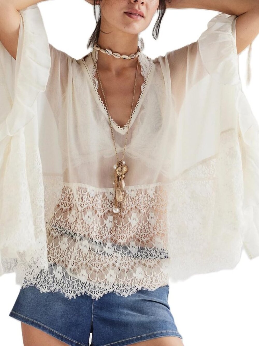 Women Sheer Poncho Top Long Sleeve Solid Color Chiffon Flowy Going Out Cover Up